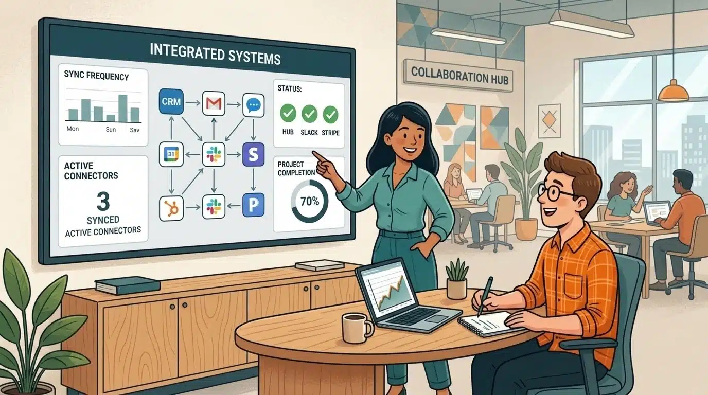 A marketing technologist and a colleague review an "Integrated Systems" dashboard of connected tools and sync status in a modern office.