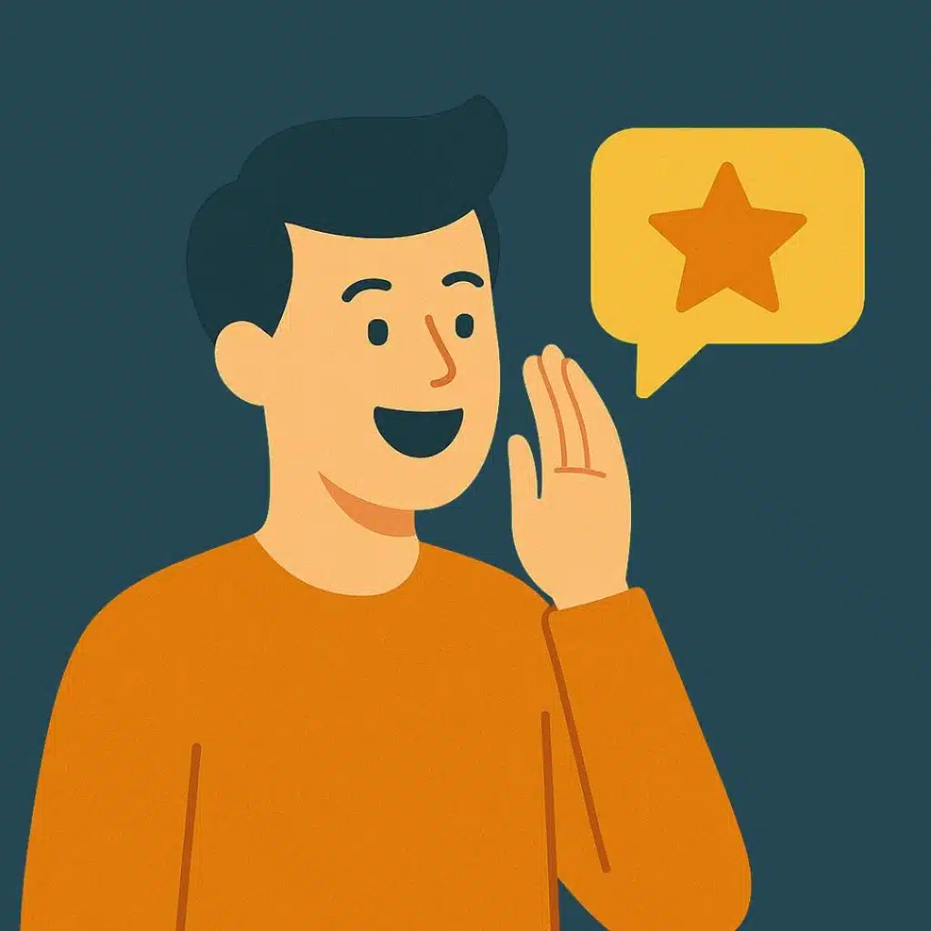 advocacy Flat-style digital illustration of a happy customer enthusiastically sharing positive feedback. The character, wearing an orange sweater, smiles and gestures toward a yellow speech bubble with a star icon, symbolizing word-of-mouth advocacy, all set against a textured teal background.