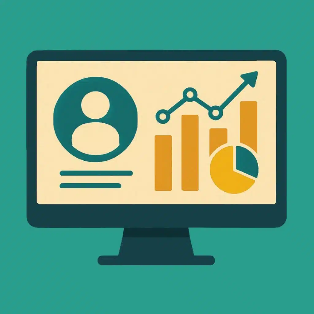 analytics-tools Flat-style digital illustration of a computer monitor displaying customer analytics icons: a user profile symbol, a bar graph with a rising trend line, and a pie chart. Set against a textured teal background, the image represents customer data analysis, marketing insights, and B2B lifecycle marketing tools.