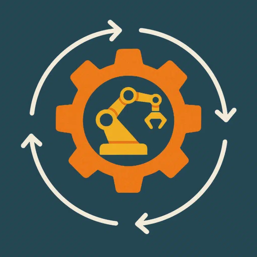 automation-tools Flat-style digital illustration representing automation tools in B2B lifecycle marketing. Features an orange gear with a robotic arm icon inside, surrounded by white circular arrows on a textured teal background, symbolizing marketing automation, workflow automation, and customer journey optimization.