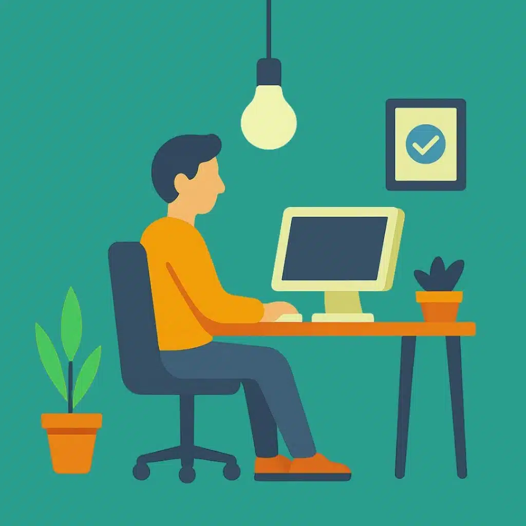 Build a Content Operations Framework for Scalable Success - 12 Flat-style digital illustration of a man sitting at a wooden desk, working on a computer under a simple hanging light. The workspace features a green background, dark teal office chair, two potted plants, and a framed certificate with a checkmark, symbolizing productivity, learning, and creativity in a B2B marketing setting.