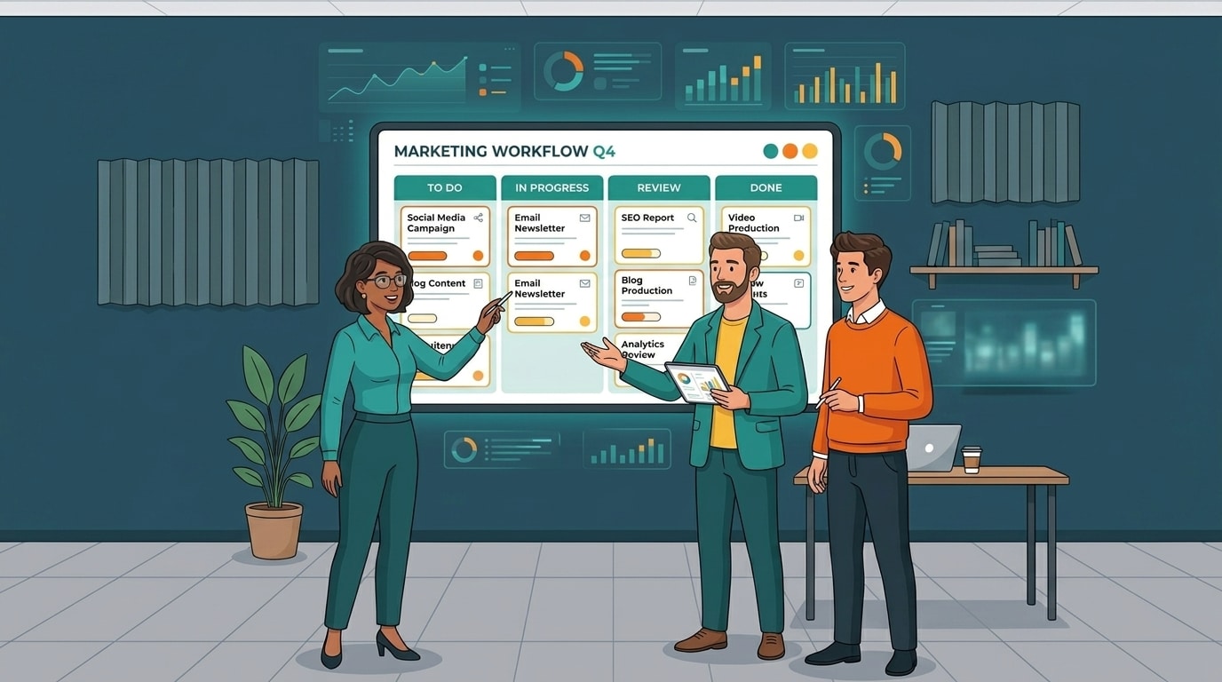 illustration of a team reviewing content operations plan