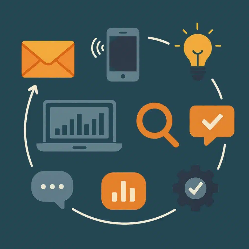 customer-lifecycle-tools Flat-style digital infographic showcasing key lifecycle marketing tools: email marketing, mobile communication, content marketing, analytics, search optimization, customer feedback, and automation. Features colorful icons arranged in a circular flow with arrows, all set against a textured teal background symbolizing connected strategies in B2B customer lifecycle management.
