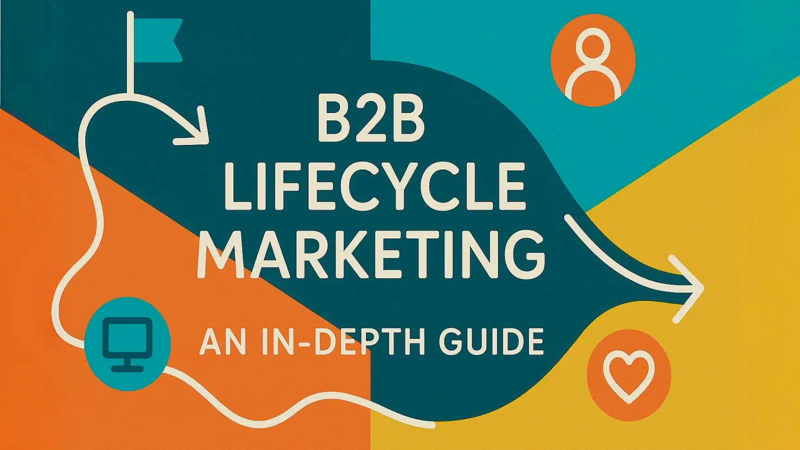 lifecycle-marketing B2B lifecycle marketing customer journey graphic showing a winding arrow with icons representing awareness, engagement, conversion, and loyalty stages, over a colorful background. Includes title 'B2B Lifecycle Marketing: An In-Depth Guide' to support lifecycle marketing, customer retention, and B2B customer journey strategy content.