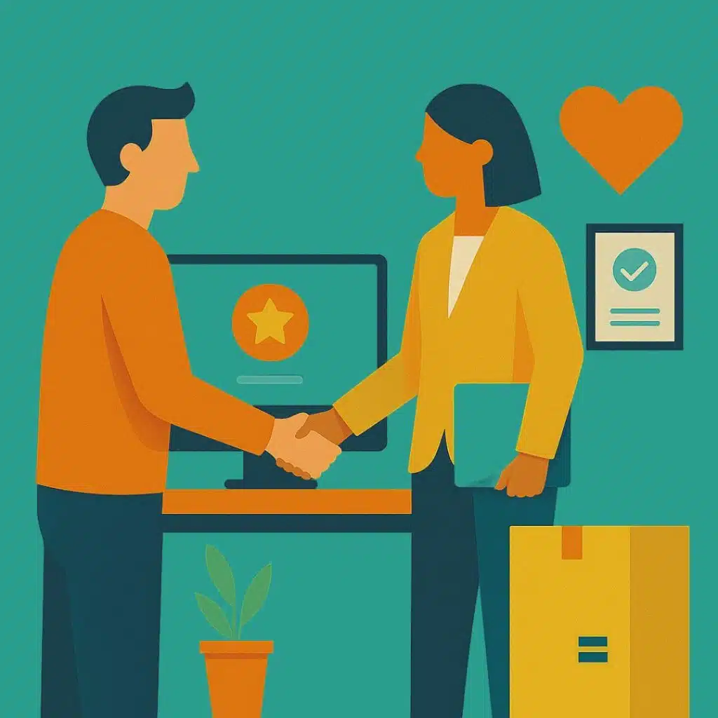 loyalty Flat-style digital illustration of a business professional man and woman shaking hands in an office environment, symbolizing B2B post-purchase engagement and loyalty-building. The background includes a computer monitor, potted plant, framed certificate, and a heart icon, all set against a textured teal backdrop.