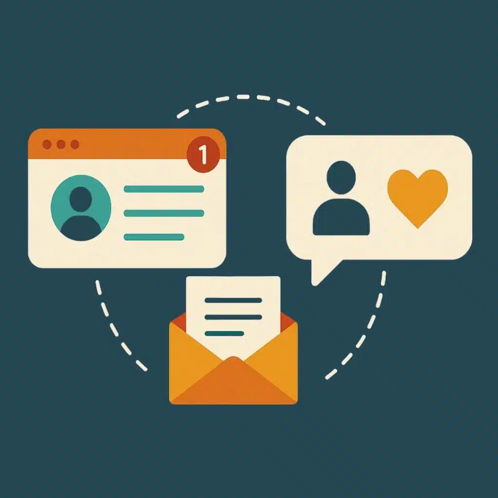 Build a Content Operations Framework for Scalable Success - 13 Flat-style digital illustration depicting the engagement stage of B2B lifecycle marketing. Features a browser window with a profile notification, a speech bubble with a user and heart icon, and an email envelope, all interconnected with a dashed line on a textured teal background, symbolizing personalized communication and lead nurturing.
