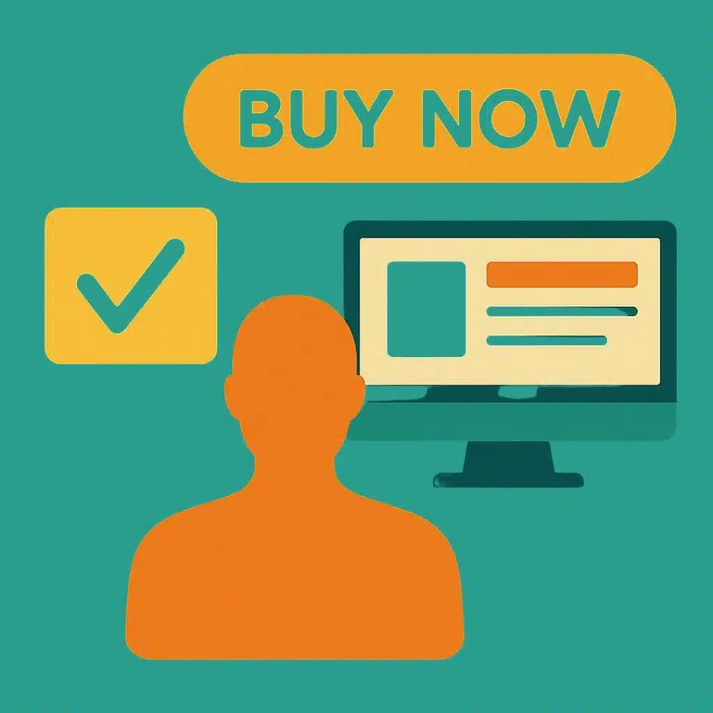 Flat-style digital illustration representing the conversion stage of B2B lifecycle marketing. An orange silhouette of a person faces a teal computer screen displaying a webpage, with a bold 'BUY NOW' button and a yellow checkmark icon, all set against a textured teal background symbolizing action and decision-making.