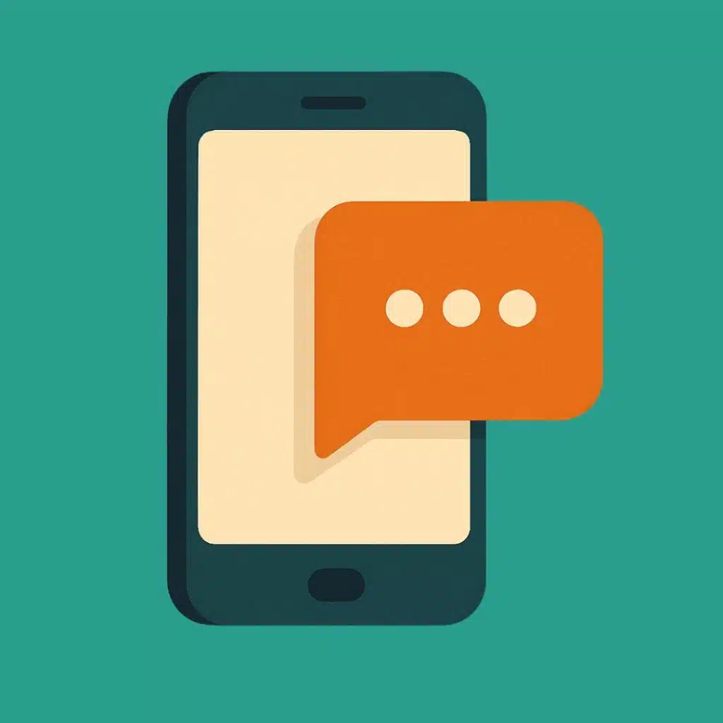 Flat-style digital illustration of a smartphone with an orange speech bubble containing three dots, symbolizing SMS marketing and text message communication, set against a textured teal background. Represents mobile messaging strategies for customer engagement and B2B marketing communication.