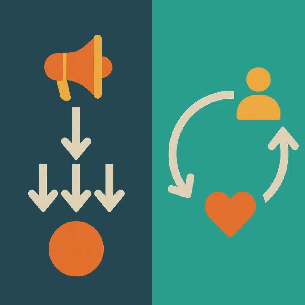 Illustration comparing traditional marketing and B2B lifecycle marketing. The left side shows a megaphone with downward arrows representing one-time customer acquisition. The right side shows a continuous cycle with user and heart icons symbolizing engagement, retention, and loyalty in B2B customer journeys.