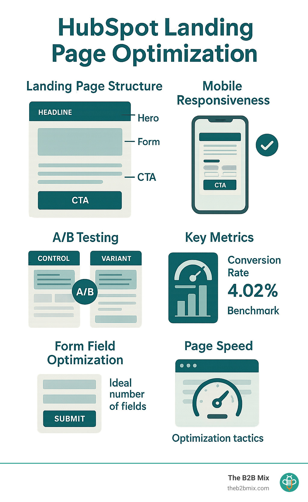 Detailed infographic showing the HubSpot landing page optimization process with 6 key elements: 1) Landing page structure with headline, hero image, form and CTA placement, 2) Mobile responsiveness requirements, 3) A/B testing methodology showing control vs. variant, 4) Key metrics dashboard with conversion benchmarks, 5) Form field optimization showing ideal number of fields, and 6) Page speed optimization tactics - hubspot landing page optimization infographic Detailed infographic showing the HubSpot landing page optimization process with 6 key elements: 1) Landing page structure with headline, hero image, form and CTA placement, 2) Mobile responsiveness requirements, 3) A/B testing methodology showing control vs. variant, 4) Key metrics dashboard with conversion benchmarks, 5) Form field optimization showing ideal number of fields, and 6) Page speed optimization tactics - hubspot landing page optimization infographic
