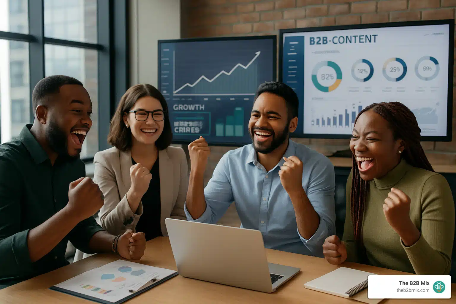 Marketing team celebrating successful content strategy results with growth charts and analytics dashboards - B2B content strategy Marketing team celebrating successful content strategy results with growth charts and analytics dashboards - B2B content strategy