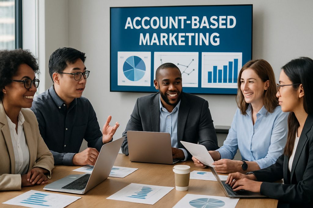 2c1aba726de3b9a87fce0b9383a62a8260dad974 B2B marketing teams discussing account-based marketing strategy around a table - abm campaigns