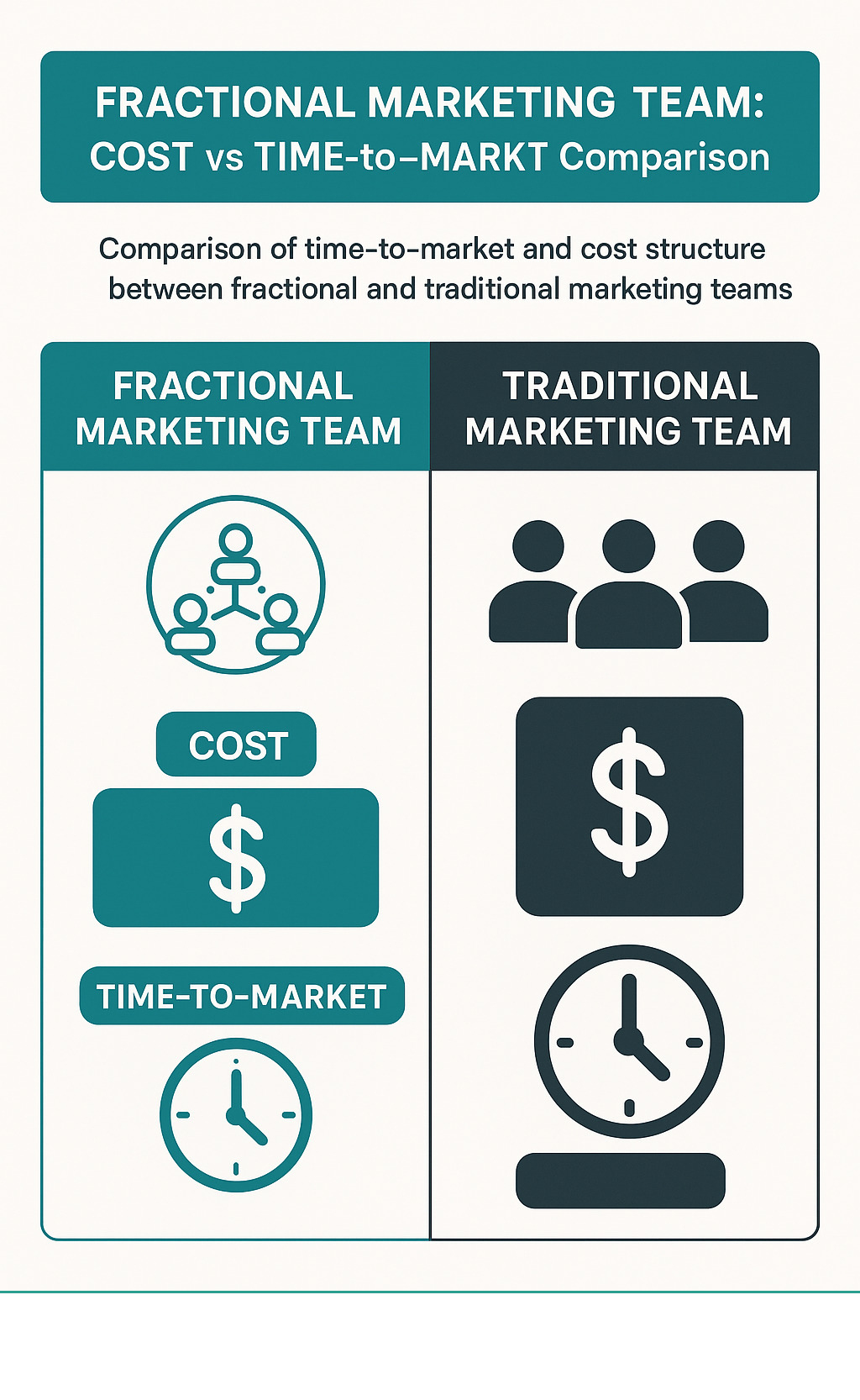 Comparison of time-to-market and cost structure between fractional and traditional marketing teams - fractional marketing team for tech infographic Comparison of time-to-market and cost structure between fractional and traditional marketing teams - fractional marketing team for tech infographic