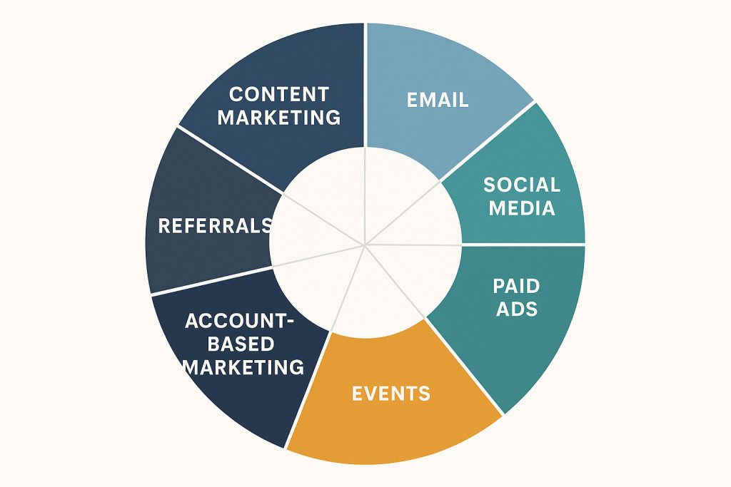 Channel mix wheel showing various B2B marketing channels with relative importance and interconnections - B2B marketing process