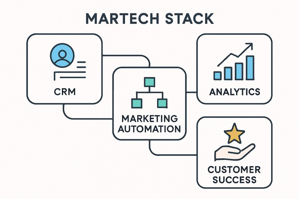 Modern martech stack diagram showing integrated tools for CRM, marketing automation, analytics, and customer success - B2B marketing process