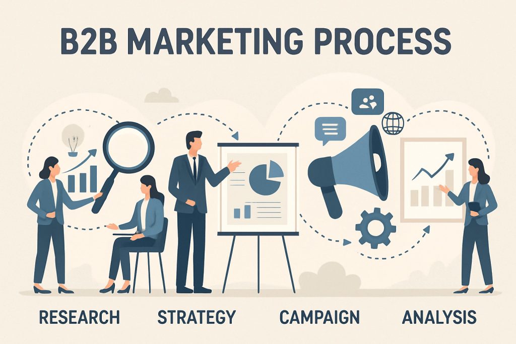 Futuristic marketing dashboard showing AI-powered insights, predictive analytics, and automated campaign optimization - B2B marketing process