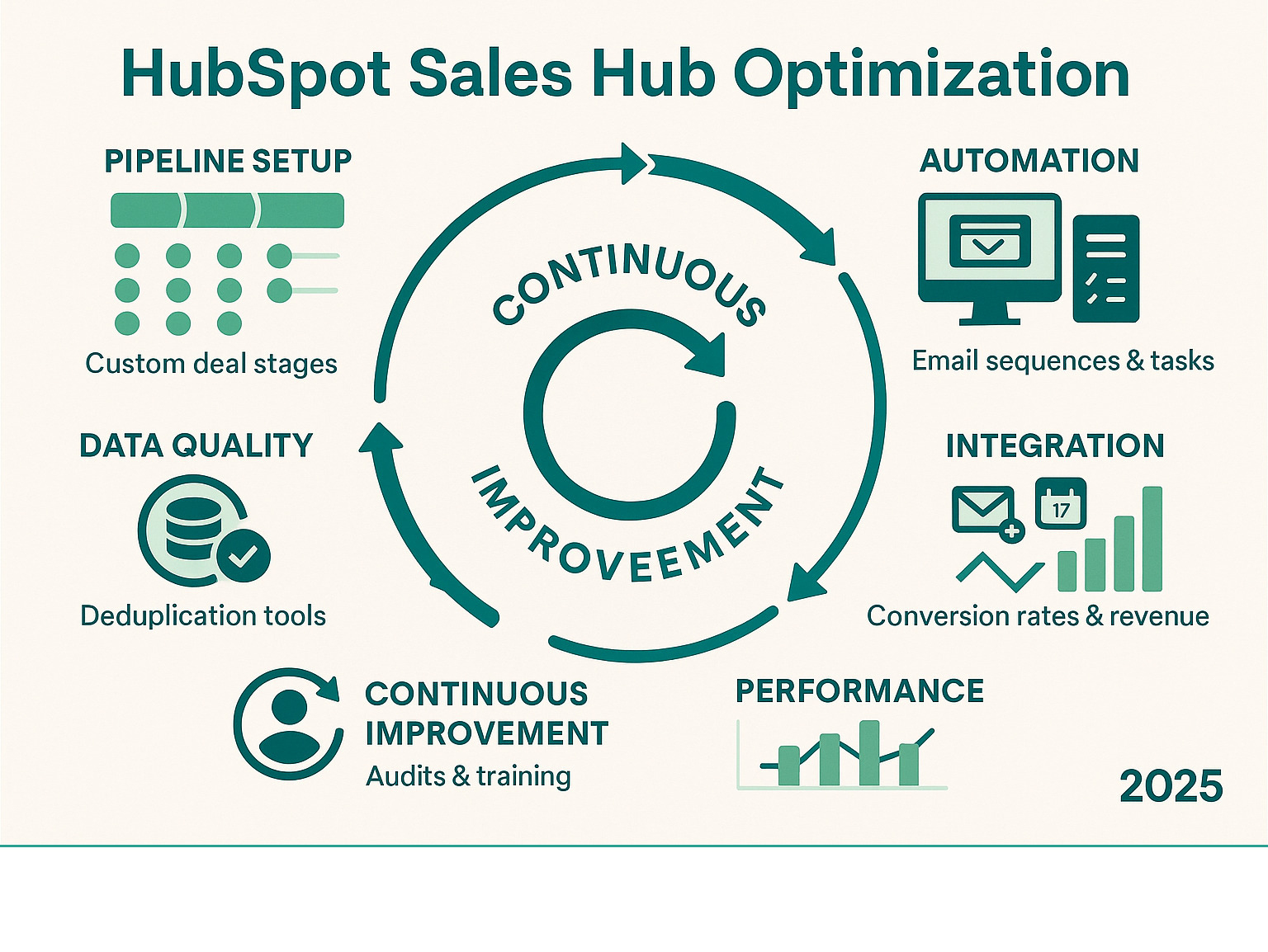 Comprehensive infographic showing the complete Sales Hub optimization process: pipeline setup with custom deal stages, automated email sequences and task workflows, CRM data quality management with deduplication tools, integration ecosystem connecting email calendar and third-party apps, performance dashboard displaying conversion rates and revenue metrics, and continuous improvement cycle with quarterly audits and training - hubspot sales hub optimization infographic Comprehensive infographic showing the complete Sales Hub optimization process: pipeline setup with custom deal stages, automated email sequences and task workflows, CRM data quality management with deduplication tools, integration ecosystem connecting email calendar and third-party apps, performance dashboard displaying conversion rates and revenue metrics, and continuous improvement cycle with quarterly audits and training - hubspot sales hub optimization infographic