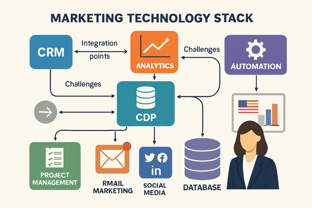 Complex tech stack diagram showing integration challenges - marketing campaign operations