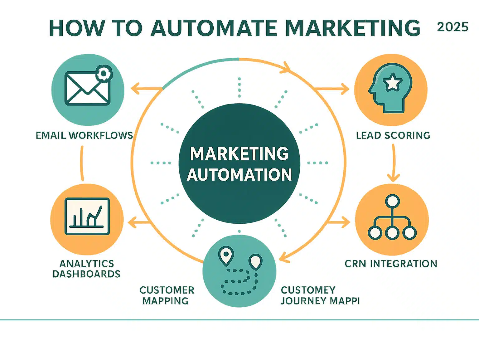 Comprehensive infographic showing the marketing automation ecosystem with interconnected components: email workflows, social media scheduling, lead scoring, CRM integration, analytics dashboards, and customer journey mapping, all connected by data flows in a circular pattern with teal and orange accent colors - How to automate marketing infographic Comprehensive infographic showing the marketing automation ecosystem with interconnected components: email workflows, social media scheduling, lead scoring, CRM integration, analytics dashboards, and customer journey mapping, all connected by data flows in a circular pattern with teal and orange accent colors - How to automate marketing infographic