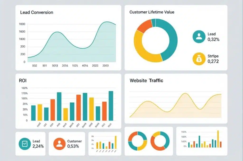 KPI dashboard showing various marketing metrics like lead conversion rate, customer lifetime value, and marketing ROI, with charts and graphs indicating trends and performance, in teal and orange - How to automate marketing