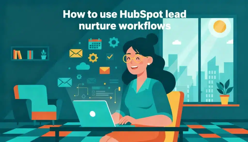 hubspot-lead-nurture-workflow A friendly flat-vector illustration of a marketing manager smiling and efficiently building a lead nurture on her laptop with emails and calendar icons floating around her. The background is a clean, modern office setting with subtle teal and orange accents. HubSpot lead nurture workflow