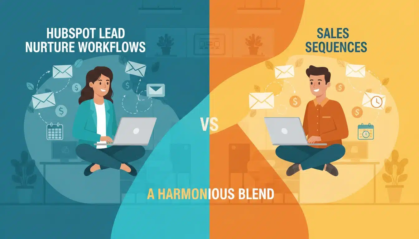 A friendly flat-vector illustration of a marketing manager smiling and efficiently building a lead nurture on her laptop on one side and a smiling sales rep on the other side building a sales sequence. Both characters have emails and calendar icons floating around them. The background is a clean, modern office setting with subtle teal and orange accents. The title should be HubSpot lead nurture workflows vs sales sequences