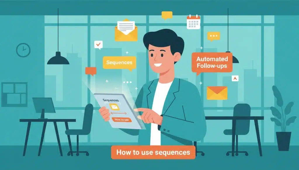 sales-sequences A friendly flat-vector illustration of a sales representative smiling and efficiently managing multiple tasks on a tablet, with emails and calendar icons floating around them. The background is a clean, modern office setting with subtle teal and orange accents. - How to use sequences