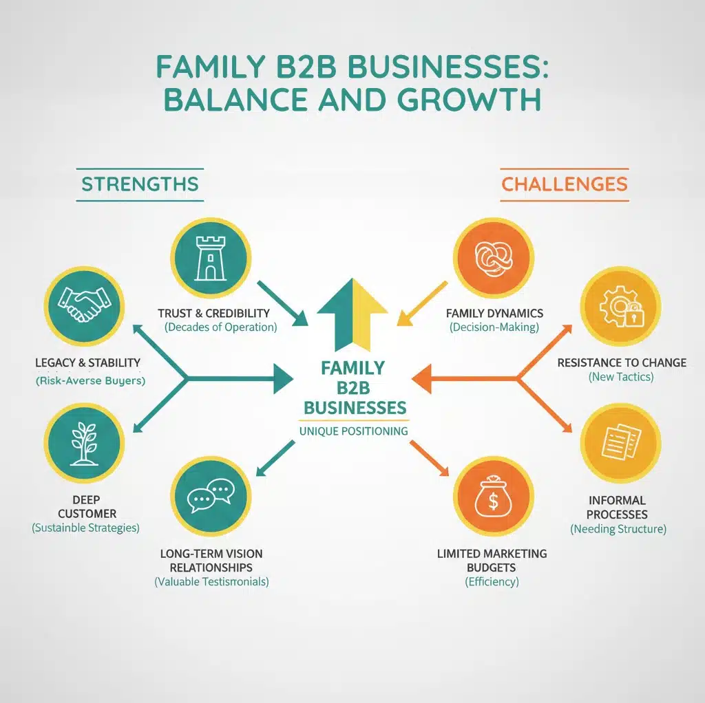family-b2b-business Infographic showing the core strengths of family-owned B2B businesses (Trust & Credibility from decades of operation, Legacy & Stability appealing to risk-averse buyers, Long-Term Vision enabling sustainable strategies, Deep Customer Relationships providing valuable testimonials) balanced against their challenges (Family Dynamics affecting decision-making, Resistance to Change limiting new tactics, Limited Marketing Budgets requiring efficiency, Informal Processes needing structure). The visual uses teal, orange, and yellow colors with a clean, modern design showing these elements as balanced scales or opposing arrows. - Marketing for family-owned B2B businesses infographic