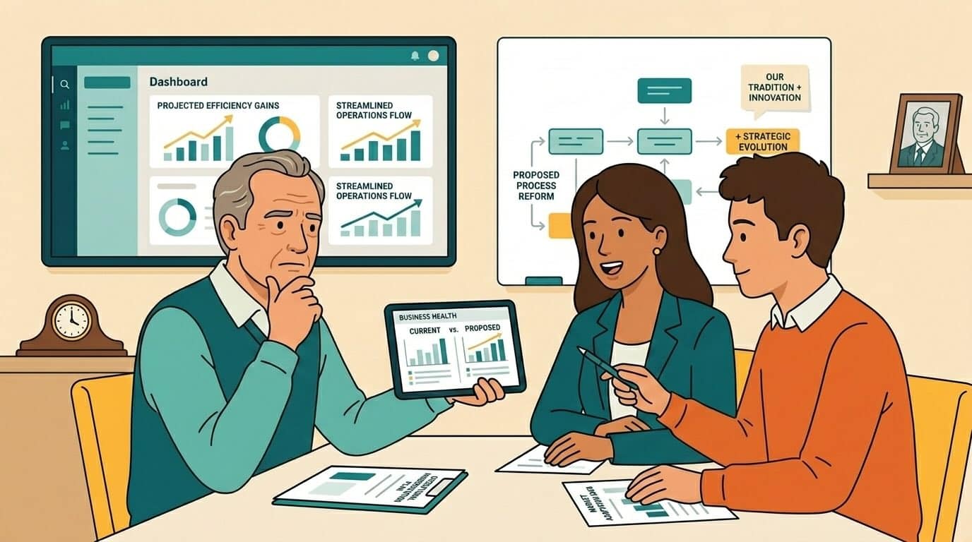 a founder and his children discussing family business modernization