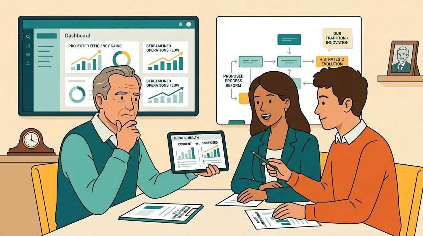 a founder and his children discussing family business modernization