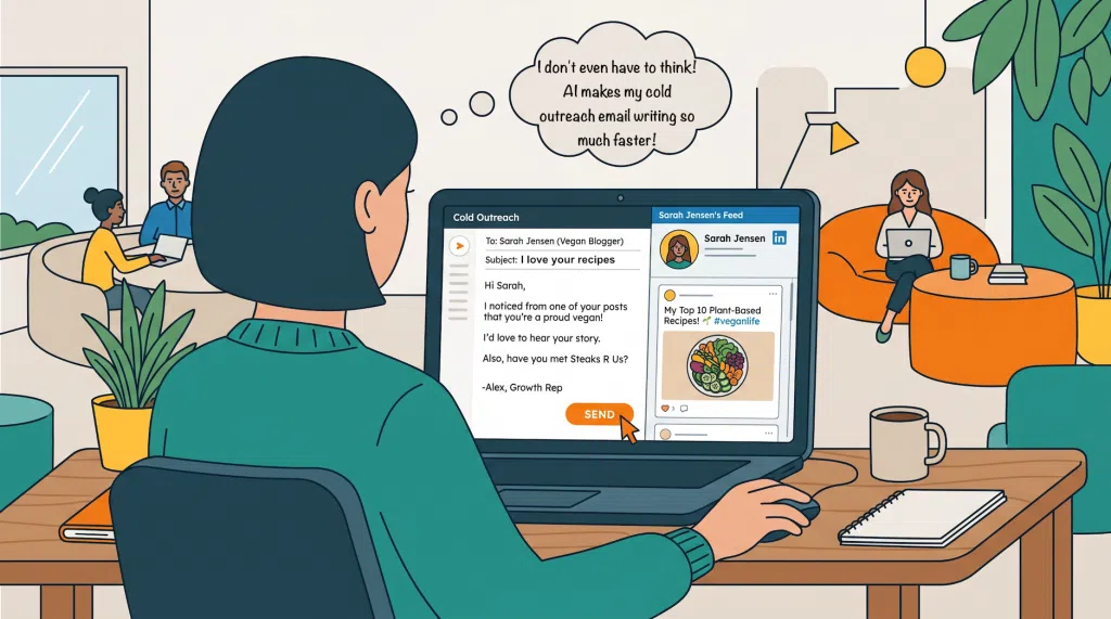 Flat illustration of a sales rep at a laptop thinking "AI makes my cold outreach so much faster!" while sending a cold email titled "I love your recipes" to a vegan blogger, pitching a company called Steaks R Us, with her plant-based recipe post visible on LinkedIn beside it.