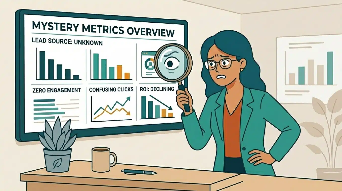 Flat vector illustration of a founder looking at a dashboard realizing there are crm data quality issues.
