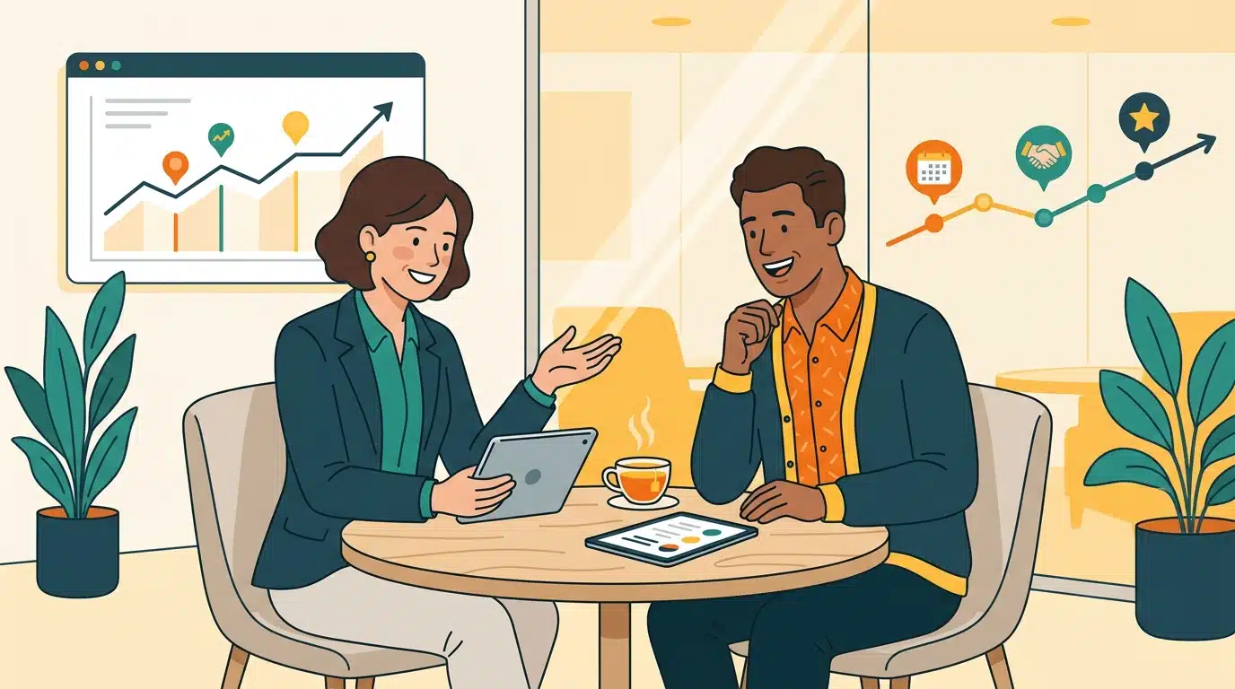A B2B account manager re-engaging an existing customer about a renewal or add-on, with account history visible in HubSpot.