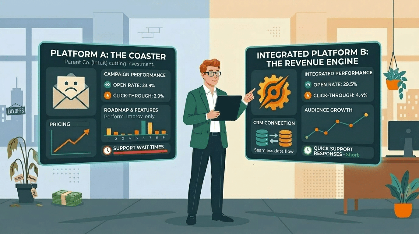 Illustration comparing a declining email platform against an integrated, higher-performing revenue platform. Is mailchimp worth it?