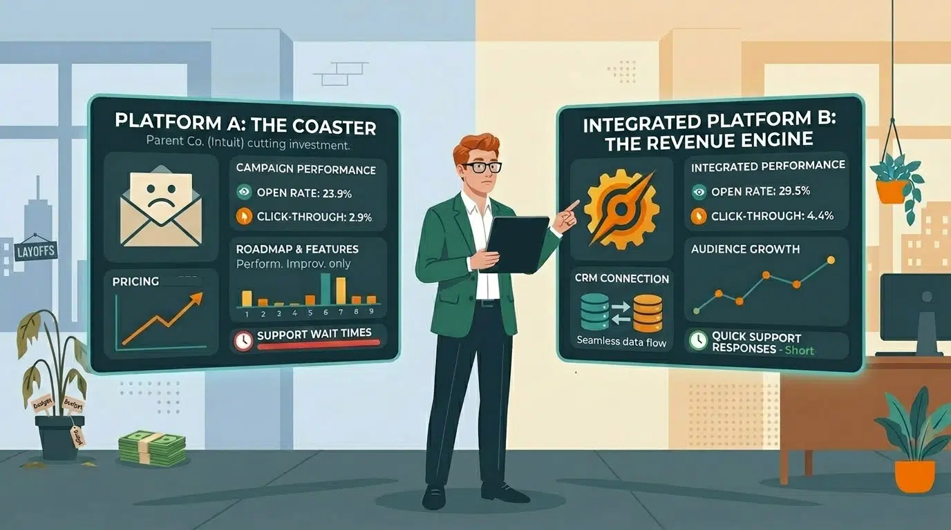 Illustration comparing a declining email platform against an integrated, higher-performing revenue platform. Is mailchimp worth it?