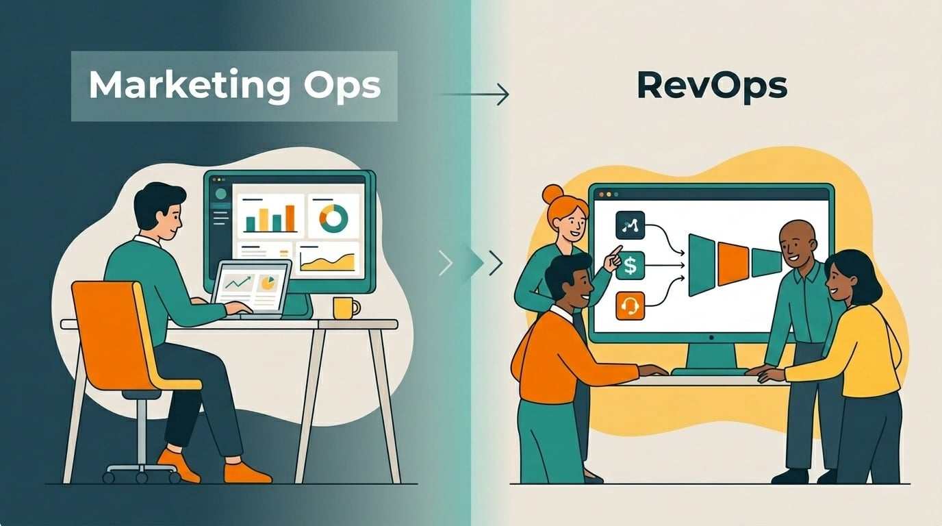 Marketing ops vs RevOps: a marketer works alone at one marketing dashboard on the left; on the right, a marketing, sales, and service team share one connected view.