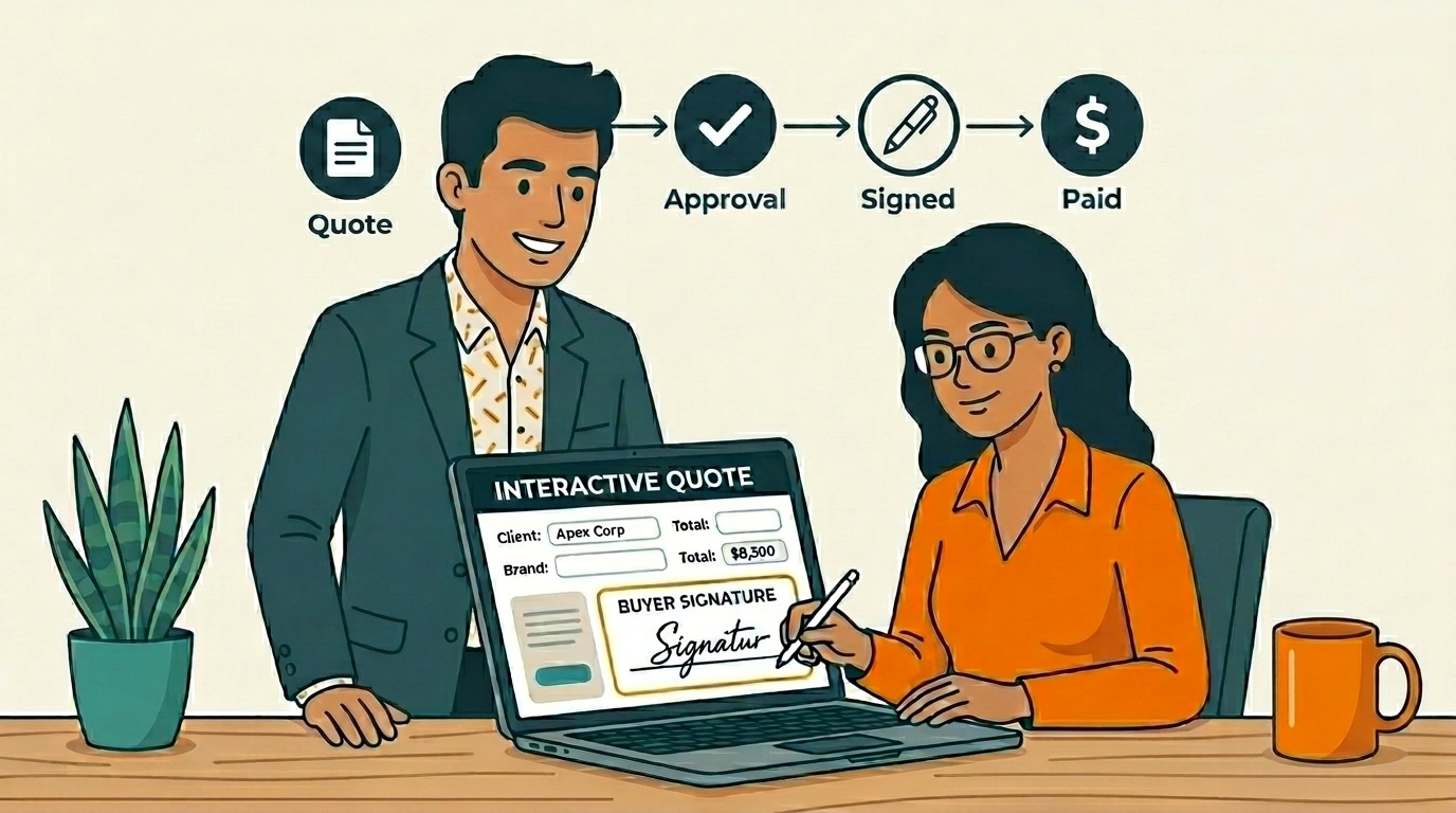 A B2B sales rep and buyer completing an interactive quote in HubSpot, moving from a verbal yes to a signed agreement with swift speed to close