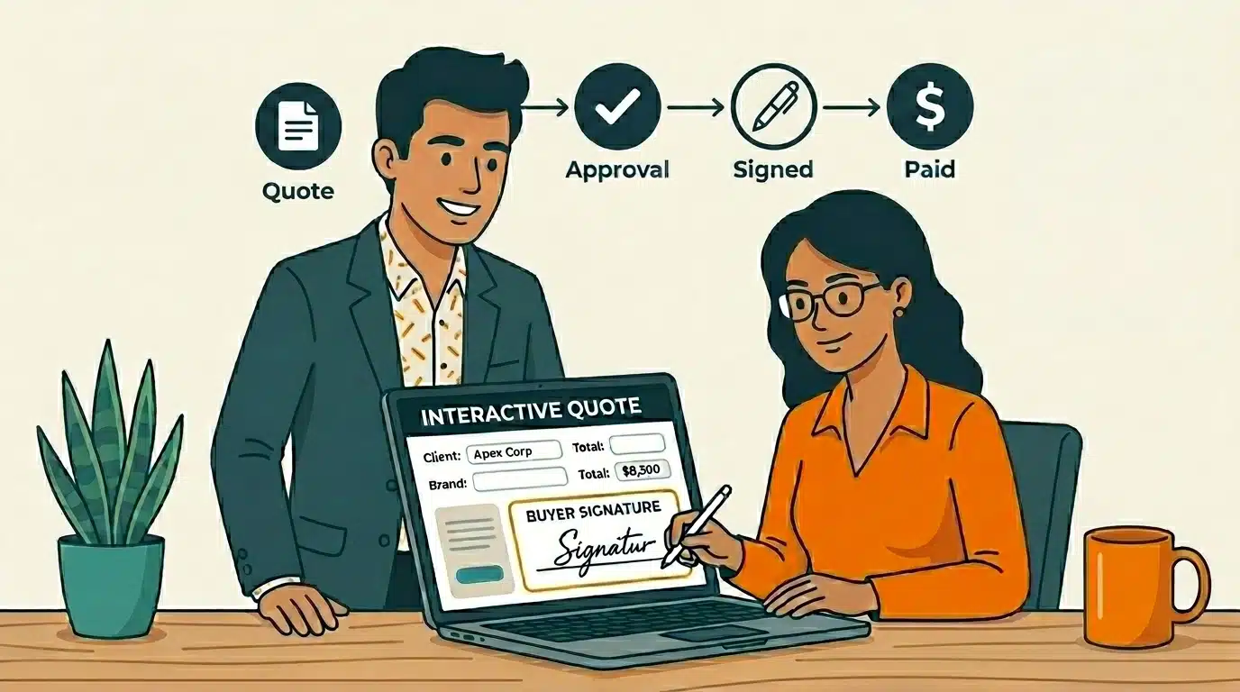 A B2B sales rep and buyer completing an interactive quote in HubSpot, moving from a verbal yes to a signed agreement with swift speed to close