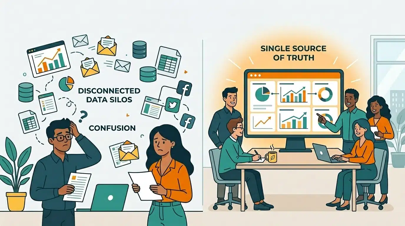 flat vector illustration showing a before and after image of not having a single source of truth CRM vs. having a single source of truth