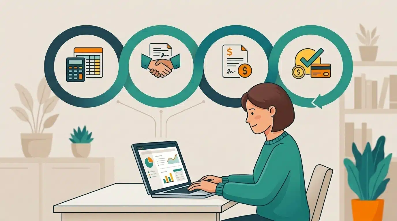 Illustration of the person using HubSpot Revenue Hub lifecycle, from quote and contract through billing, payment, and renewal