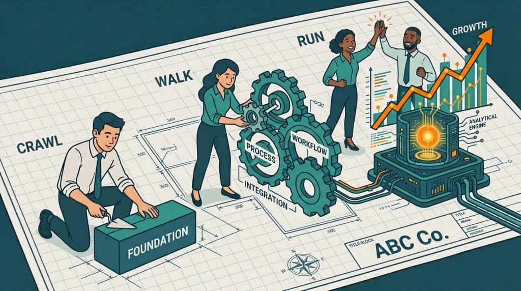 illustration showing the crawl-walk-run approach to preparing for revops for b2b