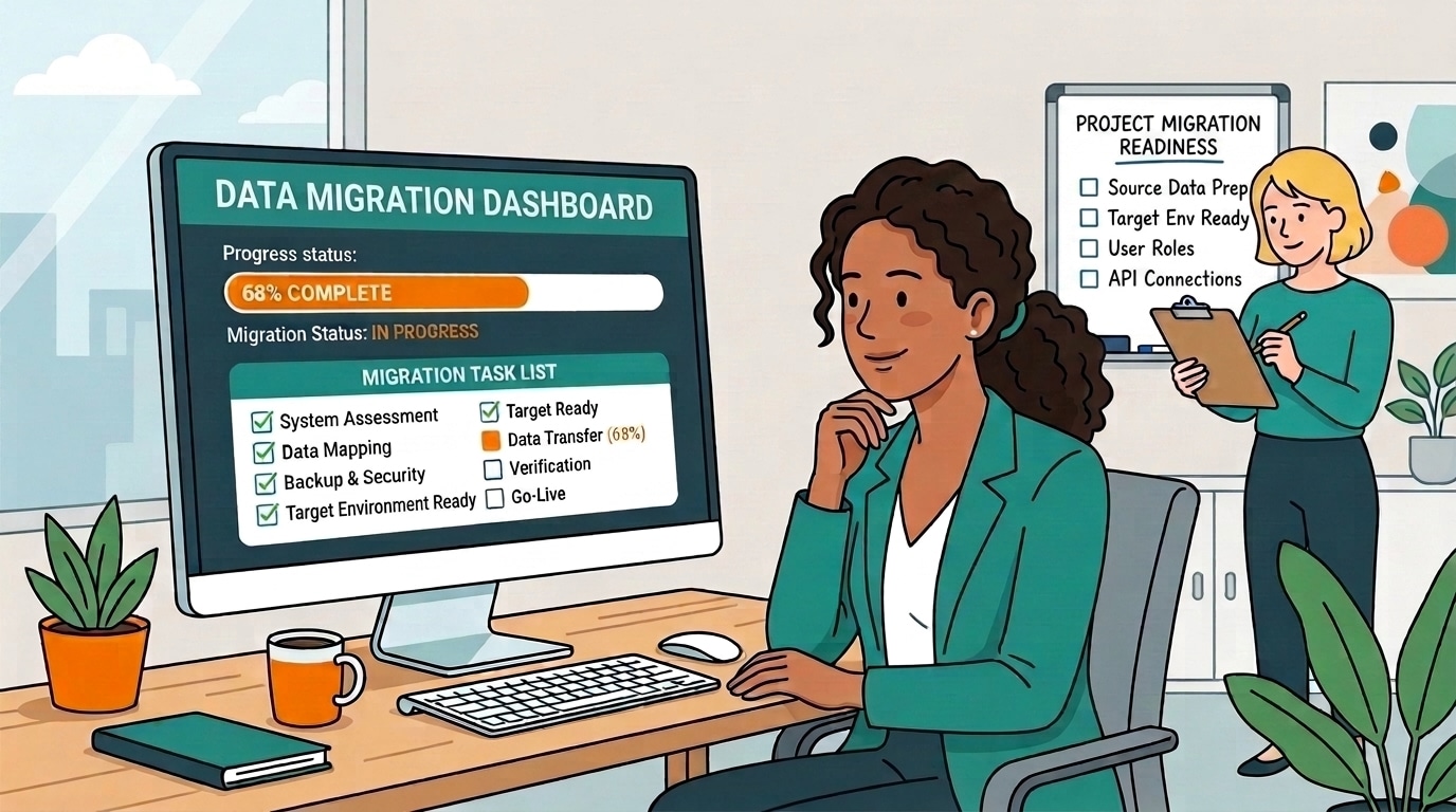 illustration of workers planning and conducting a salesforce to hubspot migration
