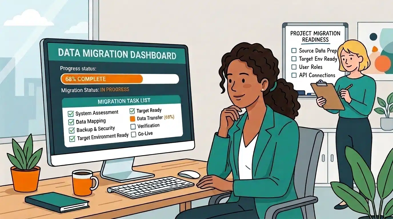 illustration of workers planning and conducting a salesforce to hubspot migration