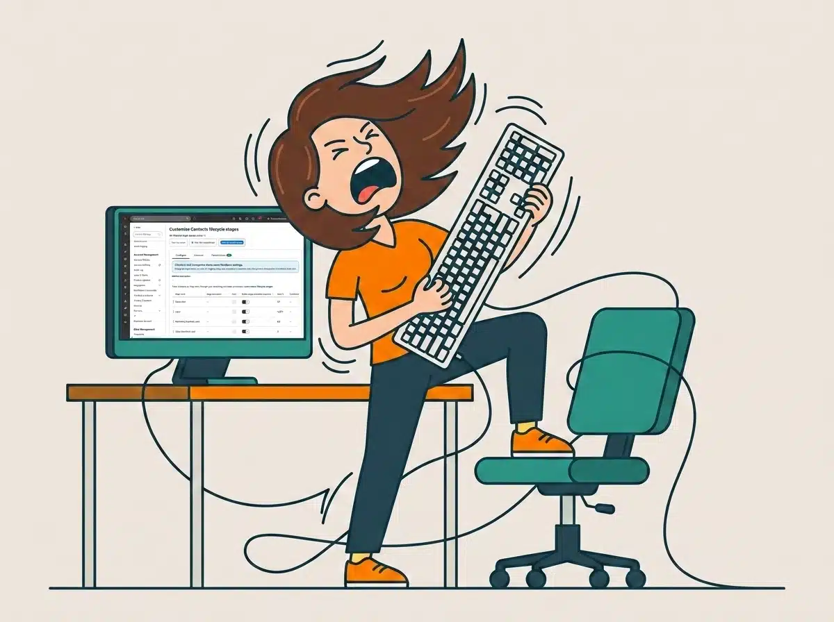 A marketer standing at a desk with one foot on a chair, hair flying, holding a computer keyboard upright like an electric guitar and shouting, while a plain settings screen sits on the monitor beside them.