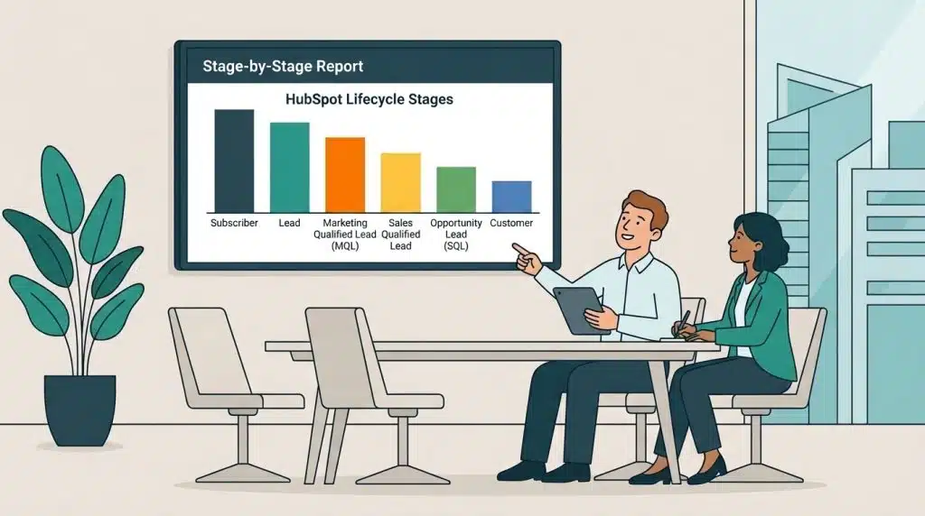 hubspot-lifecycle-stages Two colleagues at a laptop reviewing a lifecycle stage report visible on a screen.