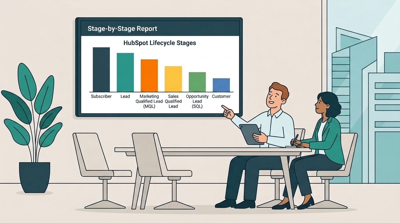 Two colleagues at a laptop reviewing a lifecycle stage report visible on a screen.