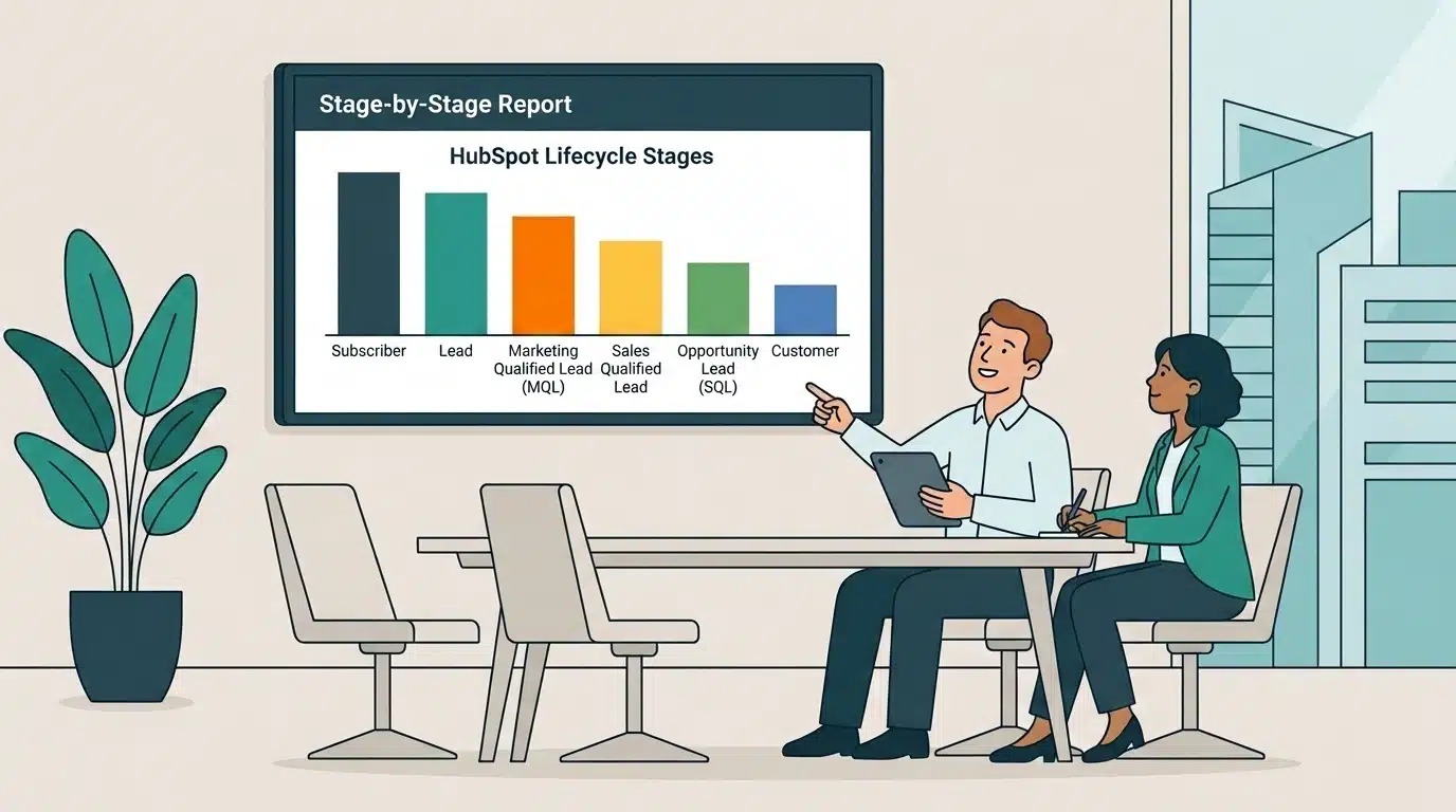 Two colleagues at a laptop reviewing a lifecycle stage report visible on a screen.