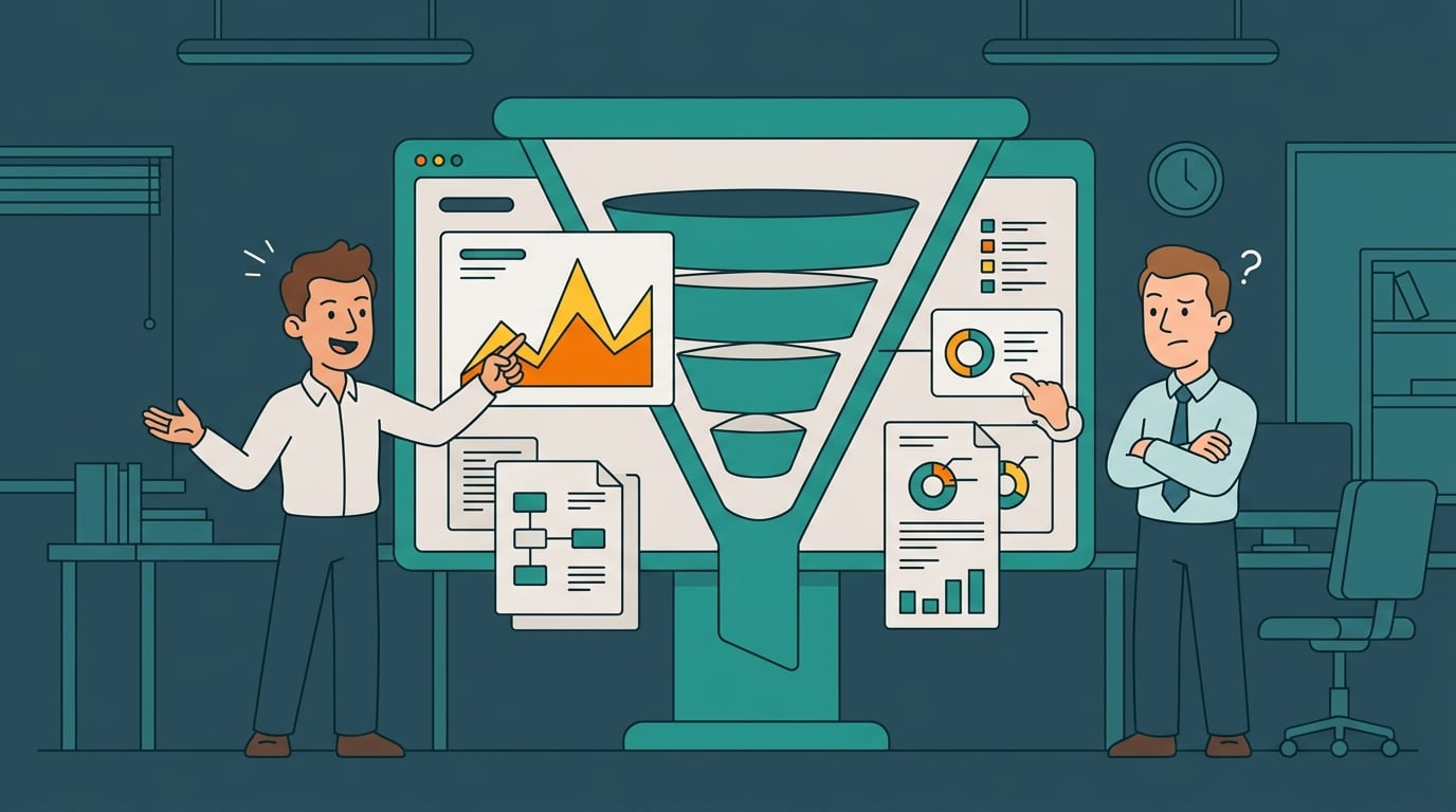 An illustration of a marketer and a sales rep review leads data. Demonstrates a lack of sales and marketing alignment.