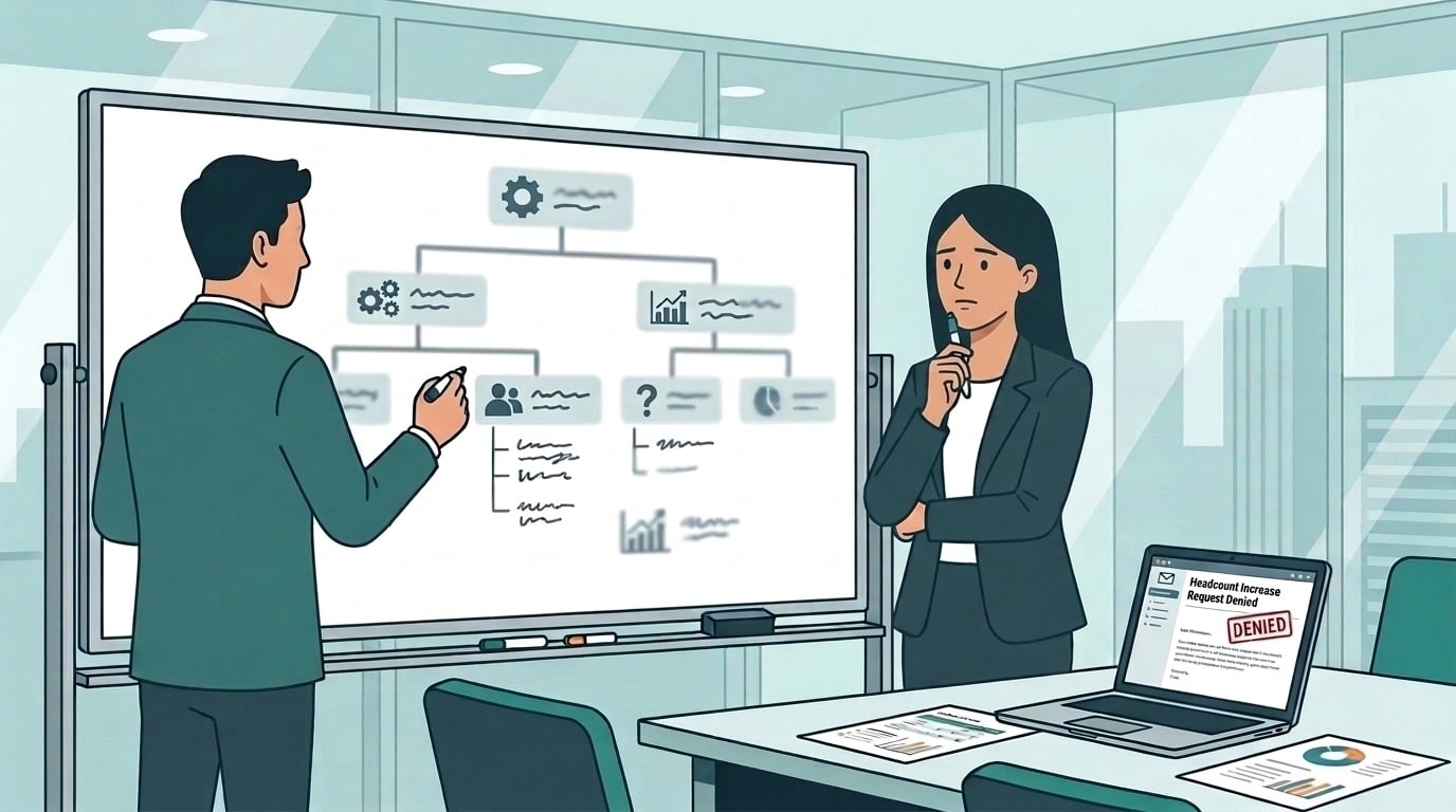 illustration depicting two coworkers trying to rework the org chart because a headcount request was denied