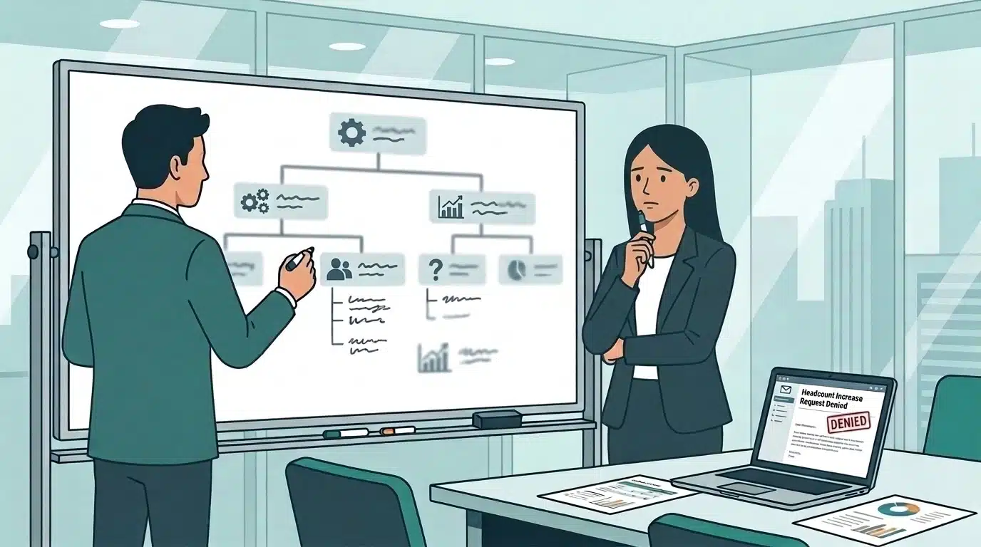 illustration depicting two coworkers trying to rework the org chart because a headcount request was denied